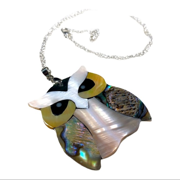 Owl abolone shell pendant necklace in many colors, beautiful on silver chain - Picture 1 of 8